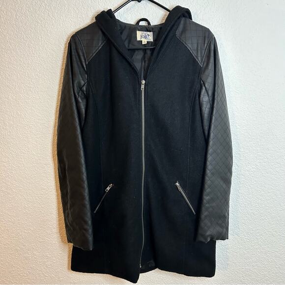 Jolt Faux Leather Sleeve Parka Hooded Womens Large Wool Blend Peacoat - Picture 7 of 10
